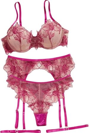 Women's 3 Piece Floral Embroidered Mesh Sheer Lingerie Set with Thongs and Garter Belt