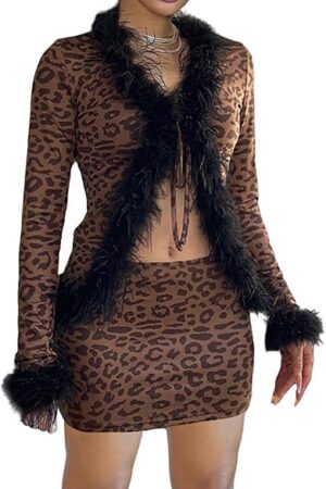 Women Sexy 2 Piece Outfits Rave Tie-up Feather Trim Fur Long Sleeve Cardigan Deep V Blouse