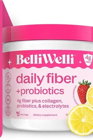 Fiber Supplement for Women&Men, Premium Daily Fiber Powder from Organic Acacia with Added Collagen, Electrolytes&Probiotics, No Bloat, Constipation&Gut Health Support (Strawberry Lemonade)