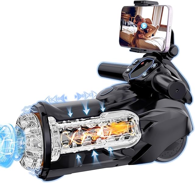 Automatic Male Masturbator Penis Pump | 9 Thrusting Sucting Vibrating & Heating Modes ? Upgraded Motorcycle Style Design with Phone Stand, Hands-Free Sex Machine Trainer sex toy for Male Pleasure