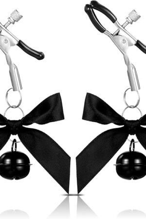2Pcs Body Jewelry Non Piercing, Adjustable Nipple Clamps for Adult, Stainless Steel Bow Nipple Clips with Bell, Pressure Nipple Clamps with Chain, Black Nipple Jewelry for Adults