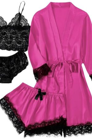 Women's 4 Pieces Satin Pajamas Set Sexy Lace Silk Robe Lingerie Sets Camisole Shorts Thongs Nightgowns Sleepwear