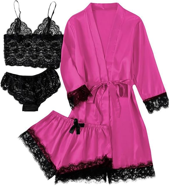 Women's 4 Pieces Satin Pajamas Set Sexy Lace Silk Robe Lingerie Sets Camisole Shorts Thongs Nightgowns Sleepwear