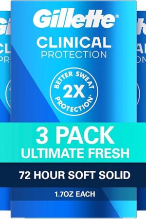 Gillette Clinical Antiperspirant and Deodorant for Men, 72hr Sweat & Odor Protection, Long Lasting Freshness, Anti-White Mark Technology, Soft Solid, Ultimate Fresh Scent, 17 oz (Pack of 3)