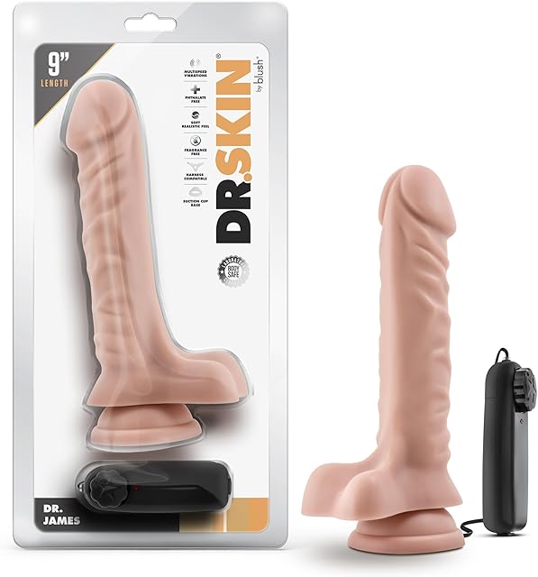 Blush Novelties Dr. Skin - 9.5 Inch Lifelike Realistic Remote Control Vibrating Dildo - 1.75in Thick - Strap On Compatible Suction Cup for Hands Free Play - Multi-Speed Vibrator for Women Men - Beige