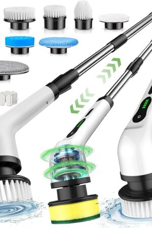 Electric Spin Scrubber, Cordless Cleaning Brush, Shower Scrubber with 8 Brush Heads 2H Power Dual Speed, Adjustable Extension Handle, IPX7 Waterproof for Tub Tile Floor Car, LX XP1