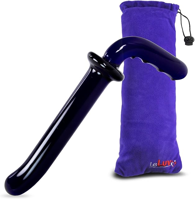 LeLuv Glass Dildo 90 Degree Handle Deep G-Spot Tip Cobalt Blue Wand with Premium Padded Pouch