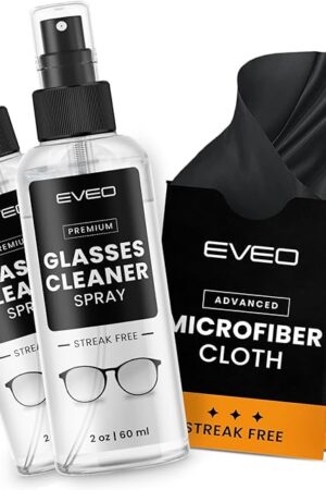 EVEO Glasses Cleaner Spray - Eyeglass Cleaner (No Streaks)| x2 Eye Glass Cleaners Spray + x2 Lens Cleaner Microfiber Cleaning Cloth, Glasses Cleaning Kit Eye Glasses Cleaner Spray & Cloth - 4oz(2ozx2)