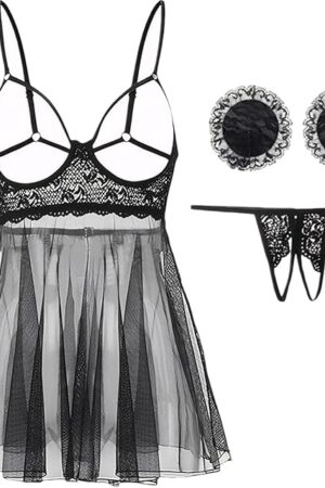 Women Sexy Lace Garter Lingerie Set with Heart Nipple Teddy Naughty Babydoll