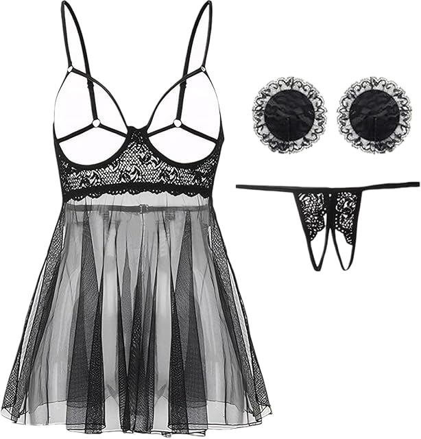 Women Sexy Lace Garter Lingerie Set with Heart Nipple Teddy Naughty Babydoll