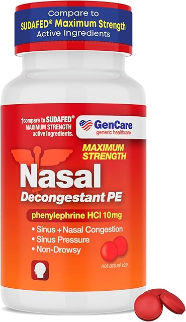 GenCare - Nasal Decongestant (10mg Tablets) Phenylephrine HCl (300 Tablets Per Bottle) | Value Pack Non Drowsy Sinus and Nasal Congestion Relief | Lower Sinus Pressure Due to Allergies or Illness