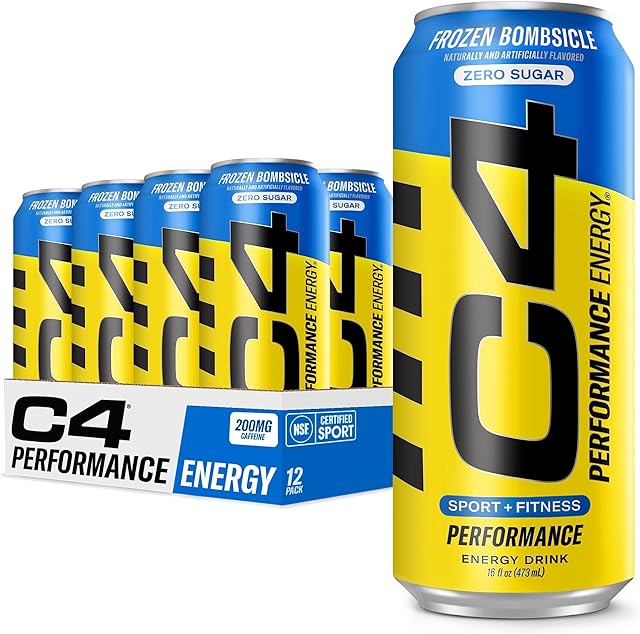 C4 Performance Energy Drink | Zero Sugar Carbonated Preworkout Energy | 200mg Caffeine with Beta Alanine | Frozen Bombiscle | 16 Fl Oz (12 Pack)
