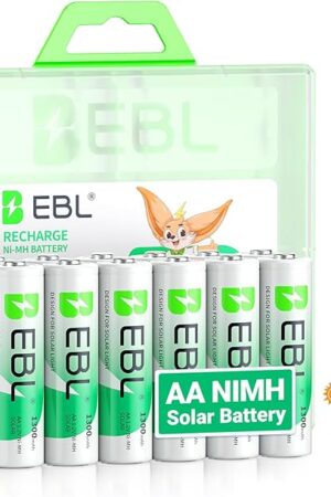 EBL Solar AA Battery Rechargeable Batteries for Outdoor Solar Lights, 1300mAh NIMH Pre-Charged 12V Recharge up to 1200x Times for Garden Landscaping String Lights, Pack of 12