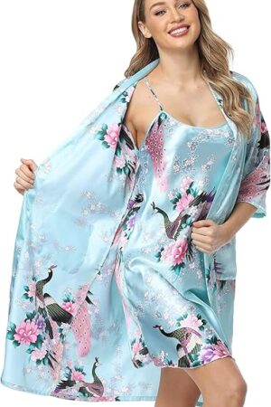 Women's Floral Satin Kimono Robe and Nightgown Set with Camisole 2 Piece Sleepwear Peacock Bathrobe