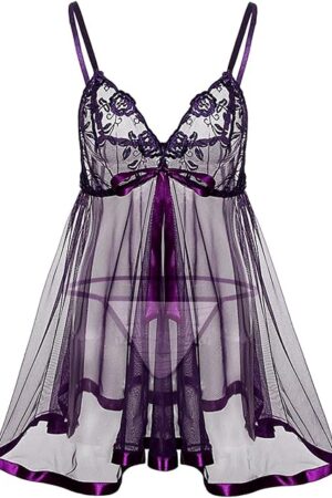 Women's Lingerie Sets Sexy Chemises Plus Size Front Closure Lace Up Nightgown with Thongs Sets Mesh Sheer Babydoll Nightwear