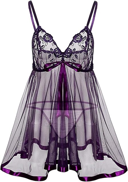 Women's Lingerie Sets Sexy Chemises Plus Size Front Closure Lace Up Nightgown with Thongs Sets Mesh Sheer Babydoll Nightwear