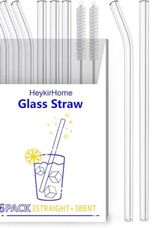 6-Pack Reusable Glass Straw-Transparent,Size 8''x10 MM,Including 3 Straight and 3 Bent with 2 Cleaning Brush- Perfect For Smoothies, Tea, Juice-Clear
