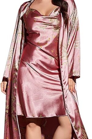 Women's Fashion Plus Size Satin Nightwear Sets, 2 Piece Soft Comfy Lingerie Sexy Camisole Nightdress and Loose Robe