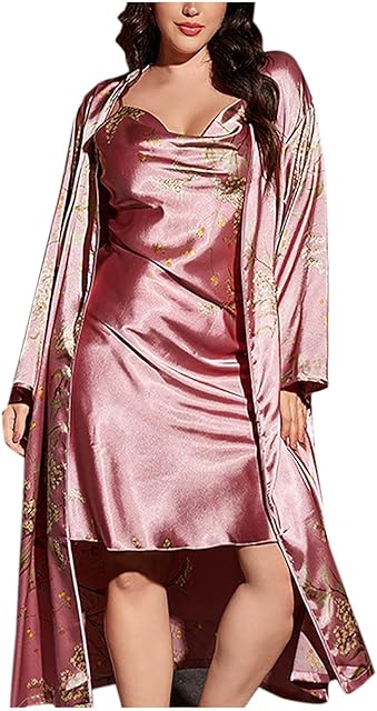 Women's Fashion Plus Size Satin Nightwear Sets, 2 Piece Soft Comfy Lingerie Sexy Camisole Nightdress and Loose Robe