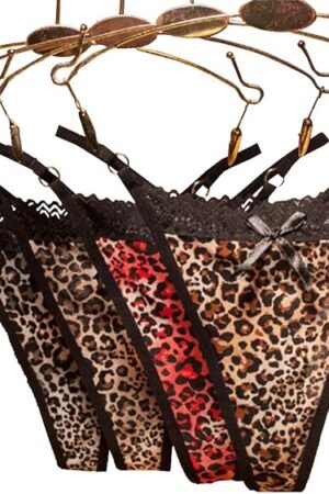 G String Thongs for Women, Seamless Cotton Thongs Panties Set with Sexy Leopard Print on Breathable Underwear Women Pack, 4 PCs