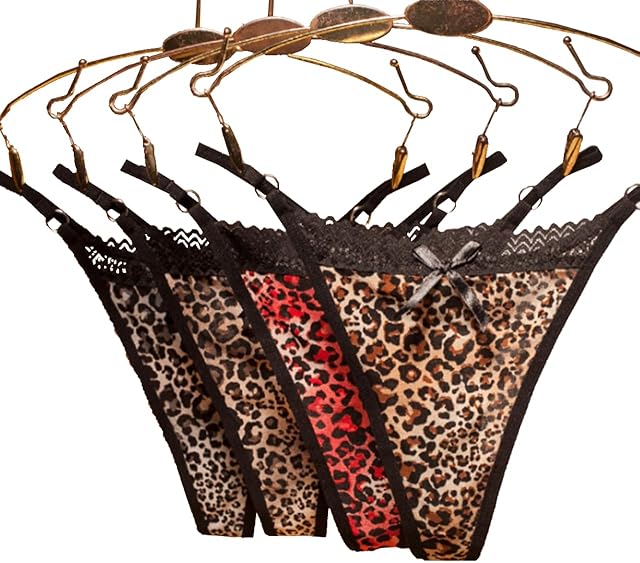 G String Thongs for Women, Seamless Cotton Thongs Panties Set with Sexy Leopard Print on Breathable Underwear Women Pack, 4 PCs