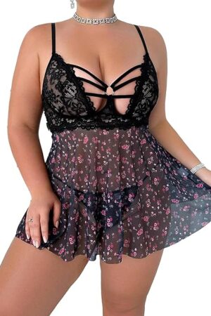 Women Plus Size Lace Lingerie Flower Print Nightwear Hollow Out Babydoll Chemise Sleepwear