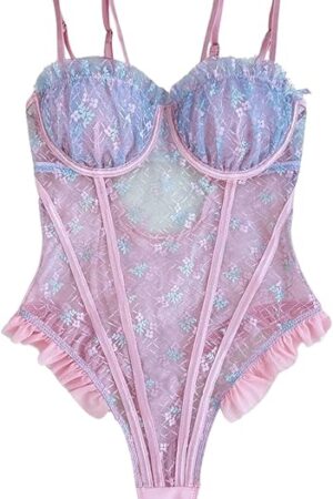 Women's See Through Ruffle Floral Mini Lingerie Bodysuit Naughty Babydoll One Piece Nightwear