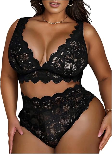 Women's Plus Size 2 Piece Lingerie Sets Lace Scallop Trim Matching Bra and Panty Set