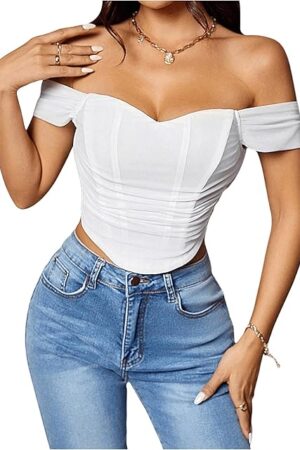 Women's Off Shoulder Mesh Corset Bustier Short Sleeve Ruched Zip Back Sexy Crop Top