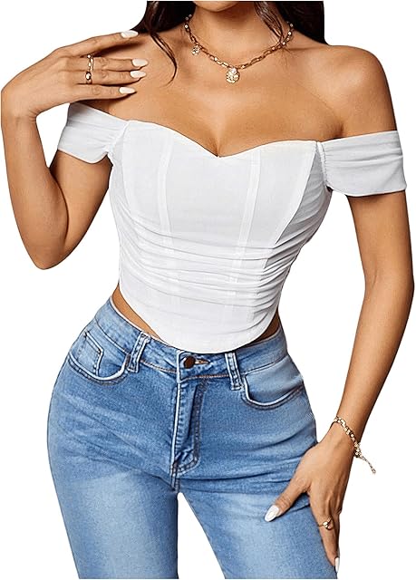 Women's Off Shoulder Mesh Corset Bustier Short Sleeve Ruched Zip Back Sexy Crop Top