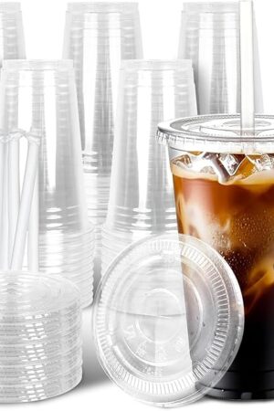 Ginkgo 50 Pack 20 oz Plastic Iced Coffee Cups with Lids and Straws, Clear Disposable To Go Cups for Coffee, Cold Drinks, Smoothie and Coffee Bar Accessories