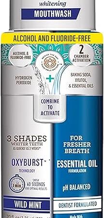 GuruNanda Teeth Whitening Dual Barrel Oxyburst Mouthwash - Alcohol & Fluoride Free, Hydrogen Peroxide to Promote Whiter Teeth - Wild Mint - 20 Fl Oz