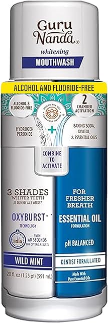 GuruNanda Teeth Whitening Dual Barrel Oxyburst Mouthwash - Alcohol & Fluoride Free, Hydrogen Peroxide to Promote Whiter Teeth - Wild Mint - 20 Fl Oz
