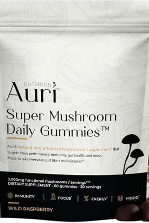 Auri Super Mushroom Daily Gummies - All-in-One Daily Mushroom Supplement Gummy - 12 Mushroom Blend with Chaga, Lions Mane, Reishi, Cordyceps - 60 Gummies