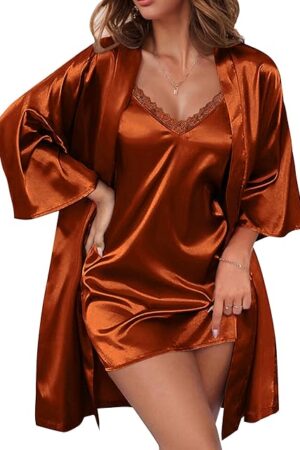 Women's Satin Robe Set Lace Sexy Lingerie Robe Wedding Nightgown 2pcs Cami Bride Party Silk Pajamas Set