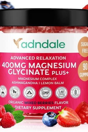 90 CT Magnesium Glycinate Gummies 400 mg/Serv with Ashwagandha, Magnesium Malate & Taurate, Sugar Free Chews for Adults & Kids Relaxation, Stress Relief, Night Rest, Muscle & Cardio Support