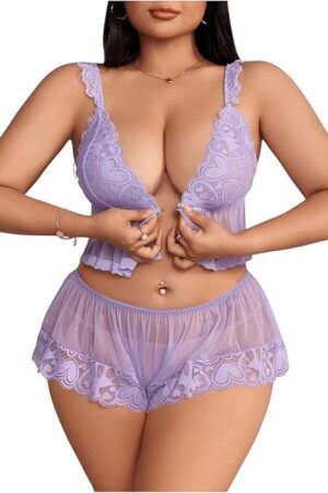 Women's 2 Piece Mesh Sheer Lingerie Set Ruffle Front Closure Bra with Panty