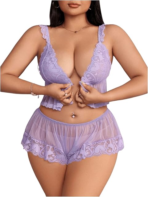 Women's 2 Piece Mesh Sheer Lingerie Set Ruffle Front Closure Bra with Panty
