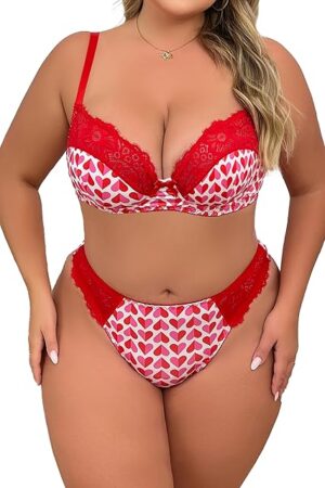 Womens Plus Size 2 Piece Lingerie Set Sexy Floral Lace Underwired Push Up V Neck Bra Babydoll Outfits Nightwear