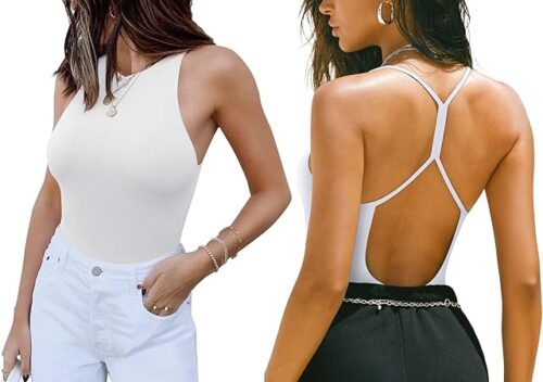 Womens Sexy Sleeveless High Neck And Scoop Neck Open T-Back Cami Sleeveless Bodysuit Tank Top