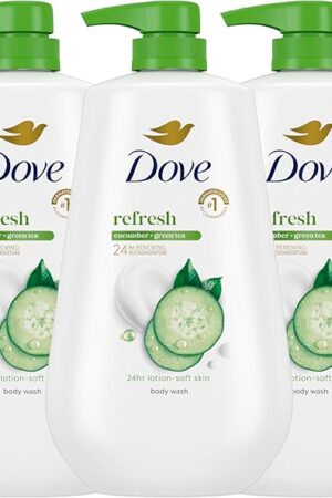 Dove Body Wash with Pump 3 Count Refresh Cucumber and Green Tea for 24hr Lotion-Soft Skin Moisturizing Skin Cleanser with No Sulfates No Parabens