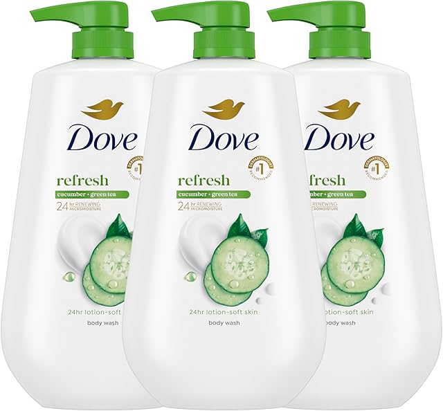 Dove Body Wash with Pump 3 Count Refresh Cucumber and Green Tea for 24hr Lotion-Soft Skin Moisturizing Skin Cleanser with No Sulfates No Parabens