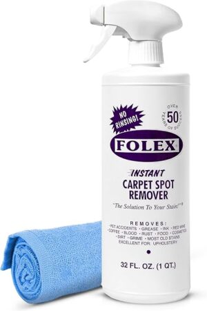 FOLEX Instant Carpet Spot Remover 32 oz ? Powerful Stain Remover for Carpets, Upholstery & Rugs ? Eliminates Pet Stains, Grease, Red Wine, Food, Makeup & More ? With Reusable Cleaning Cloth ? 1 Pack