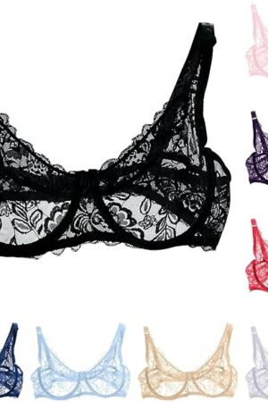 Women's Sexy Floral Lace Bra Demi Sheer Mesh Balconette Bralette Unlined Underwire Embroidered Mesh Soft Bralettes