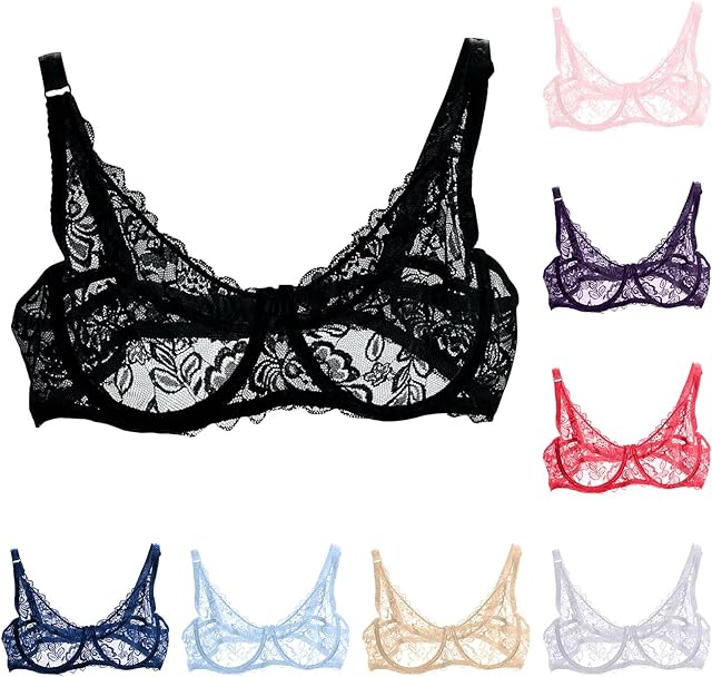 Women's Sexy Floral Lace Bra Demi Sheer Mesh Balconette Bralette Unlined Underwire Embroidered Mesh Soft Bralettes
