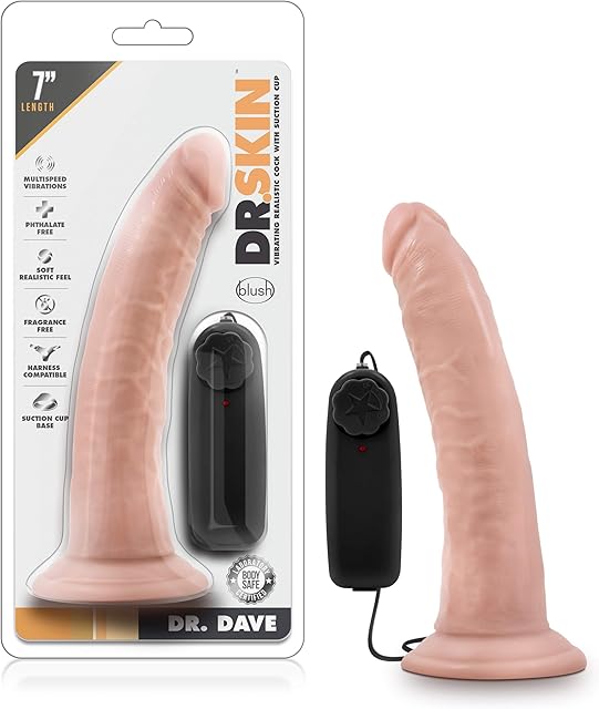 Blush Novelties Dr. Skin Dr Dave - 7 Inch Remote Controlled Vibrating Dildo - Strap On Compatible Suction Cup for Hands Free Play - Lifelike Body Safe Slim Vibrator Sex Toy for Men Women - Vanilla