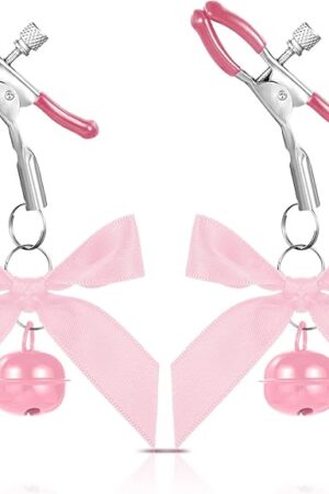 2Pcs Body Jewelry Non Piercing, Adjustable Nipple Clamps for Adult, Stainless Steel Bow Nipple Clips with Bell, Pressure Nipple Clamps with Chain, Pink Nipple Jewelry for Adults