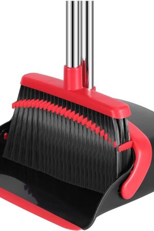 Broom and Dustpan Set, 52-in Long Adjustable Handle Broom Dustpan Combo with Dustpan Teeth to Automatically Clean Hair Suitable for Home Kitchen Office Hall Floor?Black&Red?