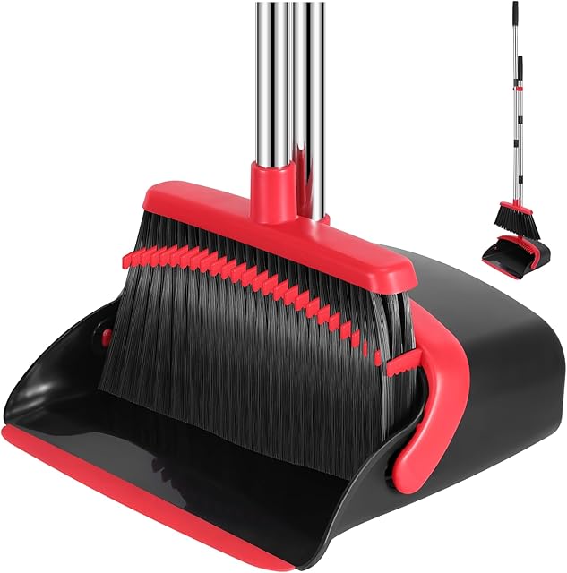 Broom and Dustpan Set, 52-in Long Adjustable Handle Broom Dustpan Combo with Dustpan Teeth to Automatically Clean Hair Suitable for Home Kitchen Office Hall Floor?Black&Red?