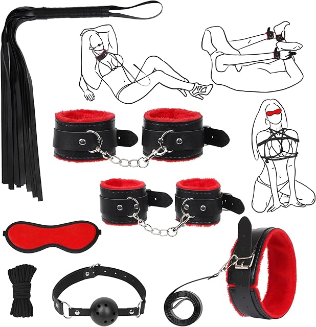 BDSM Bondage Kit Sex Toys 8 Pcs Sex Bondage Set for Beginners Ball Gag Bondage Rope BDSM Kit for Couples (RED, 8PCS)